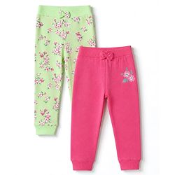 Babyhug 100% Cotton Single Jersey Knit Full Length Lounge Pant With Floral Print Pack of 2 - Pink Green