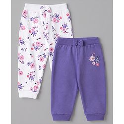 Babyhug 100% Cotton Single Jersey Knit Full Length Lounge Pant With Floral Print Pack of 2 - Purple White