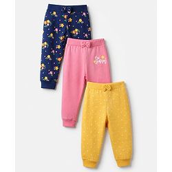 Babyhug Cotton Knit Full Length Lounge Pants With Floral Print Pack of 3 - Yellow Pink Navy Blue