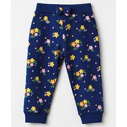 Babyhug Cotton Knit Full Length Lounge Pants With Floral Print Pack of 3 - Yellow Pink Navy Blue