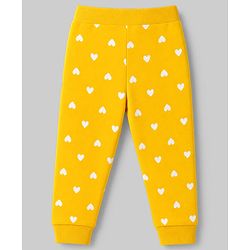 Babyhug 100% Cotton Single Jersey Knit Full Length Lounge Pant Heart Rainbow & Floral Print Pack of 3 - Yellow White & Purple