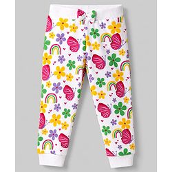 Babyhug 100% Cotton Single Jersey Knit Full Length Lounge Pant Heart Rainbow & Floral Print Pack of 3 - Yellow White & Purple