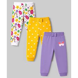 Babyhug 100% Cotton Single Jersey Knit Full Length Lounge Pant Heart Rainbow & Floral Print Pack of 3 - Yellow White & Purple
