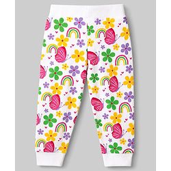 Babyhug 100% Cotton Single Jersey Knit Full Length Lounge Pant Heart Rainbow & Floral Print Pack of 3 - Yellow White & Purple