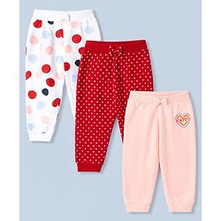Babyhug 100% Cotton Single Jersey Knit Jogger Fit Full Length Lounge Pant With Polka Dots Print Pack of 3 - Red Pink White