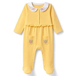 Babyhug 100% Cotton Knit Full Sleeves Sleep Suit with Floral Embroidery - Yellow