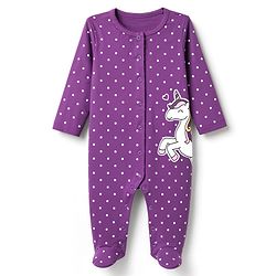Babyhug 100% Cotton Knit Full Sleeves Sleep Suit with Polka Dots & Unicorn - Purple
