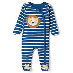 Babyhug Cotton Knit Full Sleeves Sleep Suit Nightwear with Striped & Lion Patch in Navy Blue