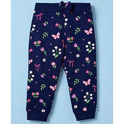 Babyhug 100% Cotton Single Jersey Knit Full Length Lounge Pant With Butterfly & Floral Print Pack of 3 - Blue Pink Green