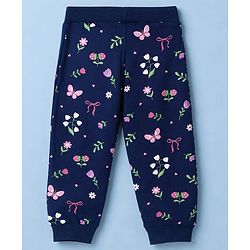 Babyhug 100% Cotton Single Jersey Knit Full Length Lounge Pant With Butterfly & Floral Print Pack of 3 - Blue Pink Green