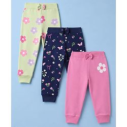 Babyhug 100% Cotton Single Jersey Knit Full Length Lounge Pant With Butterfly & Floral Print Pack of 3 - Blue Pink Green