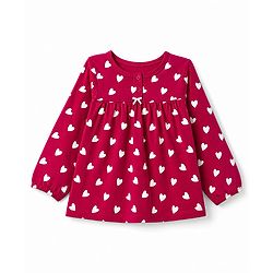 Babyhug 100% Cotton Knit Full Sleeves Co-Ords T-Shirt & Pyjama Night Suit with Heart Print - Red