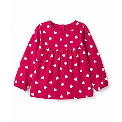 Babyhug 100% Cotton Knit Full Sleeves Co-Ords T-Shirt & Pyjama Night Suit with Heart Print - Red