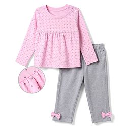 Babyhug 100% Cotton Knit Full Sleeves Top & Pyjama Night Suit with Dotted Print & Bow Applique - Pink