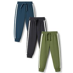 Babyhug 100% Cotton Jersey Knit Full Sleeves Lounge Pants Pack of 3 - Black, Olive & Teal Blue