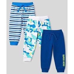 Babyhug Cotton Single Jersey Knit Full Length Striped Lounge Pant with Text & Camouflage Print Pack of 3 - Blue & White