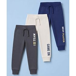 Babyhug 100% Cotton Single Jersey Knit Full Length Sports Theme Text Printed Lounge Pants Pack Of 3 - Grey White & Navy Blue