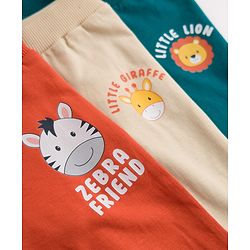 Babyhug 100% Cotton Single Jersey Knit Full Length Lounge Pant with Animals Face Print Pack of 3 - Teal Blue Cream & Rust Orange