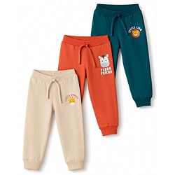 Babyhug 100% Cotton Single Jersey Knit Full Length Lounge Pant with Animals Face Print Pack of 3 - Teal Blue Cream & Rust Orange