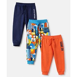 Babyhug Cotton Single Jersey Knit Full Length Lounge Pants with Text Print Pack of 3 - Navy Blue, Orange & Blue