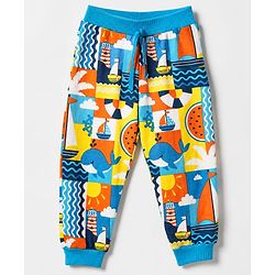 Babyhug Cotton Single Jersey Knit Full Length Lounge Pants with Text Print Pack of 3 - Navy Blue, Orange & Blue
