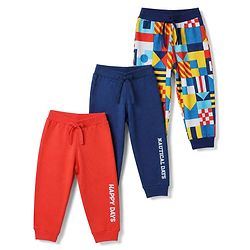 Babyhug Cotton Single Jersey Knit Full Length Lounge Pants with Abstract Print Pack Of 3 - Red, Navy Blue