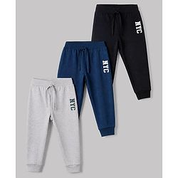 Babyhug Cotton Knit Full Length Jogger Fit With Lounge Pant and Nyc Print Pack of 3 - Black Navy Blue Grey