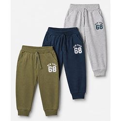 Babyhug Cotton Single Jersey Knit Jogger Fit Full Length Lounge Pant with New York 68 Print Pack of 3 in Navy Blue Grey Olive Green