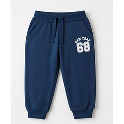 Babyhug Cotton Single Jersey Knit Jogger Fit Full Length Lounge Pant with New York 68 Print Pack of 3 in Navy Blue Grey Olive Green