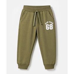 Babyhug Cotton Single Jersey Knit Jogger Fit Full Length Lounge Pant with New York 68 Print Pack of 3 in Navy Blue Grey Olive Green