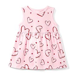 Babyhug 100% Cotton Single Jersey Knit Half Sleeves Frocks with Heart Print & Patch Pack of 2 - Red & Pink