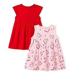 Babyhug 100% Cotton Single Jersey Knit Half Sleeves Frocks with Heart Print & Patch Pack of 2 - Red & Pink