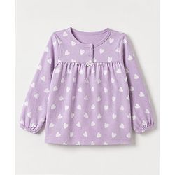 Babyhug 100% Cotton Knit Full Sleeves Co-Ords Top & Pyjama Night Suit with Heart Print - Lavender