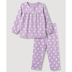 Babyhug 100% Cotton Knit Full Sleeves Co-Ords Top & Pyjama Night Suit with Heart Print - Lavender