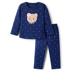 Babyhug 100% Cotton Knit Full Sleeves Polka Dots Printed T-Shirt & Pyjama Night Suit with Bear Patch - Navy Blue
