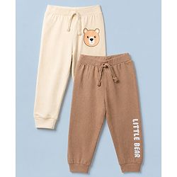 Babyhug 100% Cotton Single Jersey Knit Full Length Lounge Pant With Bear & Text Print Pack of 2 - Brown Cream