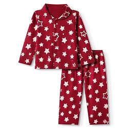 Babyhug Cotton Knit Full Sleeves Front open Co-ord Shirt & Pyjama Night Suit with Star Print in Red