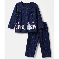 Babyhug Cotton Knit Full Sleeves Front Open Co-ord Shirt & Pajama Night Suit with My Cute Little Home Kitten & Polka Dots Print - Navy Blue
