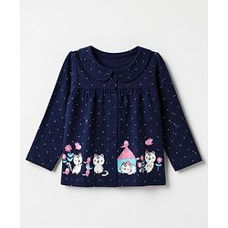 Babyhug Cotton Knit Full Sleeves Front Open Co-ord Shirt & Pajama Night Suit with My Cute Little Home Kitten & Polka Dots Print - Navy Blue