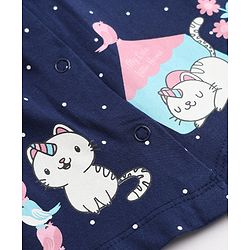 Babyhug Cotton Knit Full Sleeves Front Open Co-ord Shirt & Pajama Night Suit with My Cute Little Home Kitten & Polka Dots Print - Navy Blue