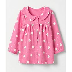 Babyhug 100% Cotton Knit Full Sleeves Co-Ords Top & Pyjama Night Suit with Floral Print -Dark Pink