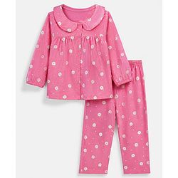 Babyhug 100% Cotton Knit Full Sleeves Co-Ords Top & Pyjama Night Suit with Floral Print -Dark Pink