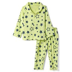 Babyhug Cotton Knit Full Sleeves Front open Co-ord Shirt & Pyjama Night Suit with Star Print in Green
