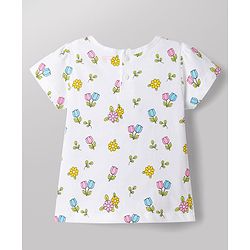 ToffyHouse 100% Cotton Interlock Knit Half Sleeves T-Shirt & Dungaree with Floral Print & Bunny Embroidered - Navy Blue & White