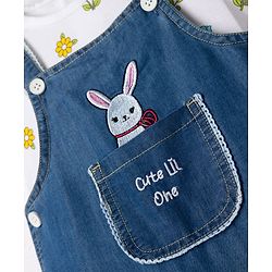 ToffyHouse 100% Cotton Interlock Knit Half Sleeves T-Shirt & Dungaree with Floral Print & Bunny Embroidered - Navy Blue & White
