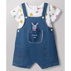 ToffyHouse 100% Cotton Interlock Knit Half Sleeves T-Shirt & Dungaree with Floral Print & Bunny Embroidered - Navy Blue & White