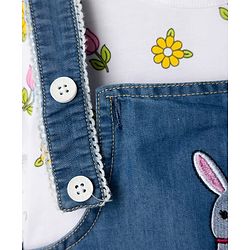 ToffyHouse 100% Cotton Interlock Knit Half Sleeves T-Shirt & Dungaree with Floral Print & Bunny Embroidered - Navy Blue & White