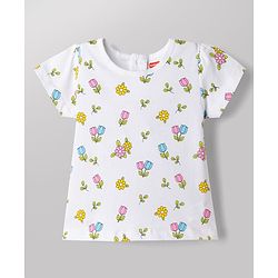 ToffyHouse 100% Cotton Interlock Knit Half Sleeves T-Shirt & Dungaree with Floral Print & Bunny Embroidered - Navy Blue & White