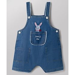 ToffyHouse 100% Cotton Interlock Knit Half Sleeves T-Shirt & Dungaree with Floral Print & Bunny Embroidered - Navy Blue & White