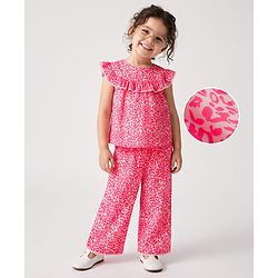 Babyhug Cotton Woven Sleeveless Printed Co-Ords Top & Palazzo Set - Neon Pink